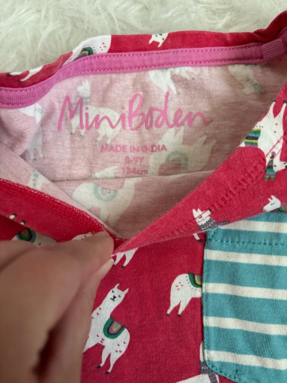 Mini Boden Pink Llama Print Long-Sleeve Top with Teal Stripe Sleeves